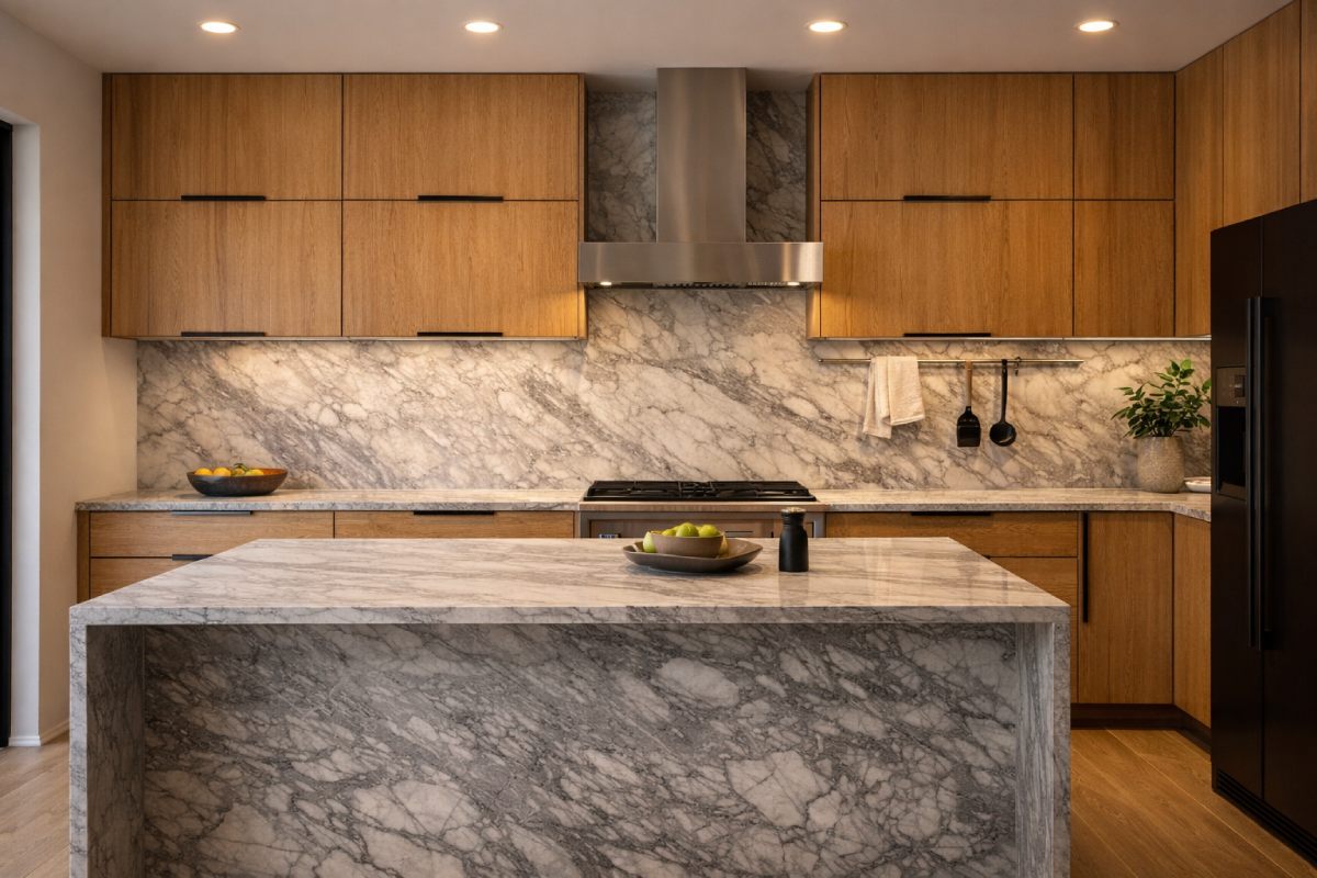 Arabescato Grigio marble backsplash and island cladding in a modern kitchen with warm wood cabinetry.