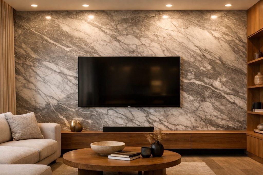 Arabescato Grigio marble slab TV feature wall in a modern living room with warm lighting and wood accents.