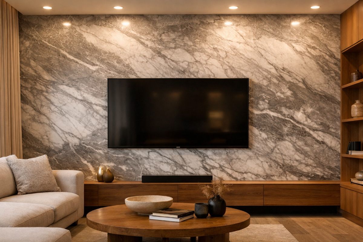 Arabescato Grigio marble slab TV feature wall in a modern living room with warm lighting and wood accents.