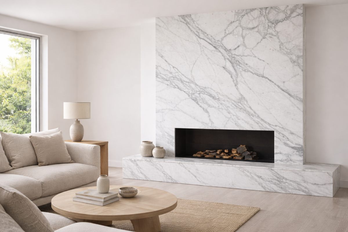 Minimalist living room with Bianco Statuario marble bookmatched fireplace surround, creating a calm focal point with balanced veining.