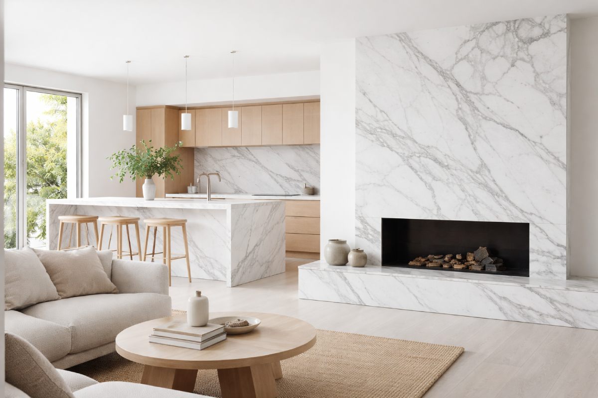 Bright minimalist open-plan space featuring Bianco Statuario marble waterfall island and marble fireplace wall with light wood cabinetry and soft neutrals.
