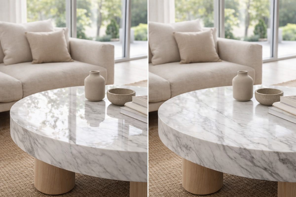 Close-up of Bianco Statuario marble showing honed vs polished finish, grout color samples, and seam alignment detailing for minimalist interiors.
