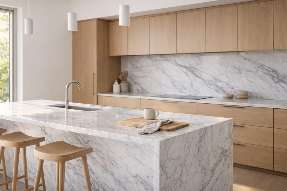 Minimalist kitchen with Bianco Statuario marble waterfall island and slab backsplash, paired with light wood cabinetry and soft natural light.
