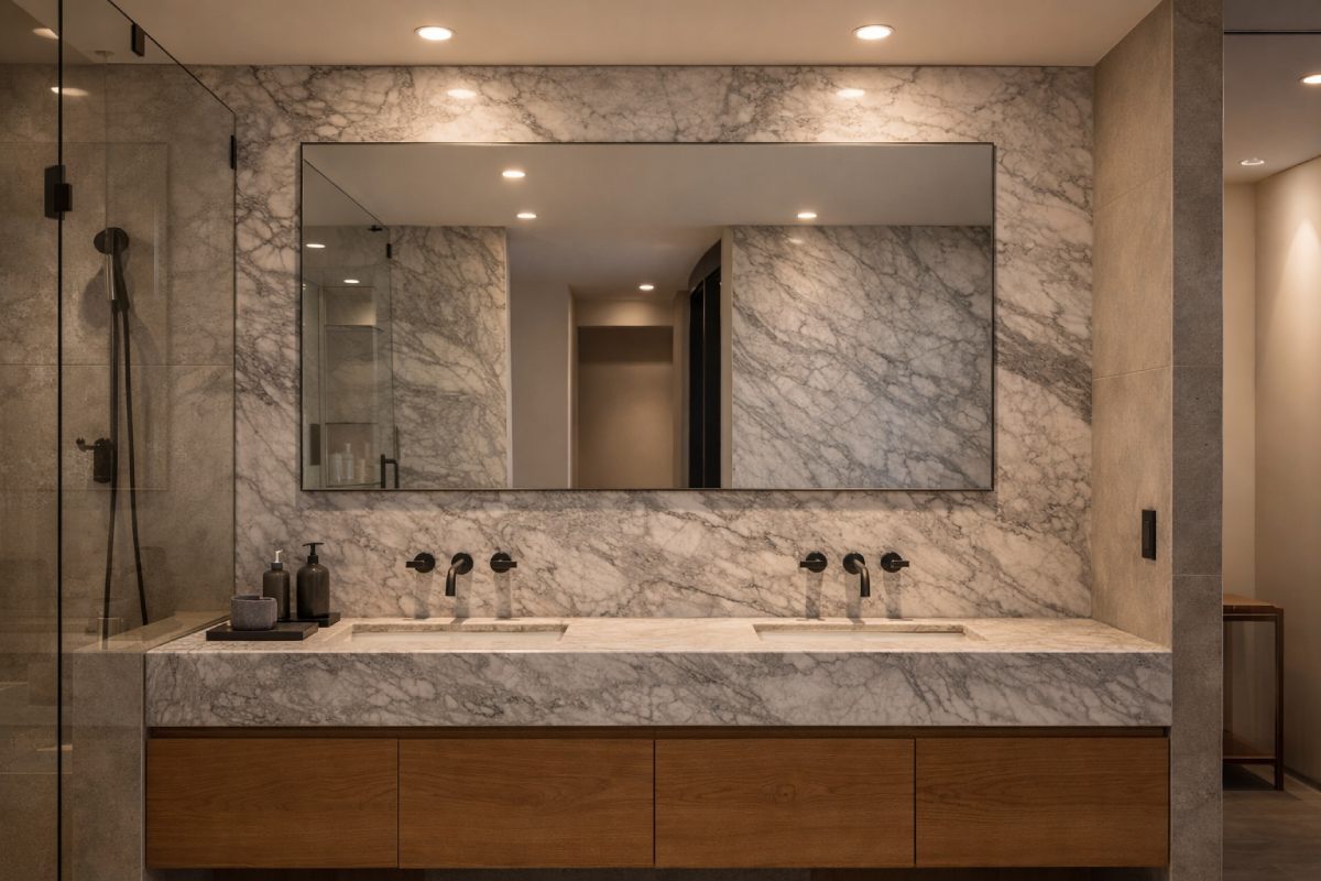 Honed Arabescato Grigio marble vanity top and full-height backsplash in a modern bathroom with matte black fixtures.