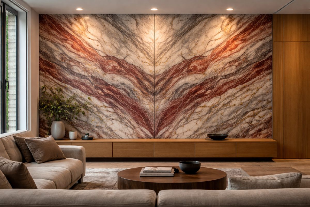 Orobico Rosso marble feature wall in a modern living room with warm wood cabinetry and soft neutral seating.