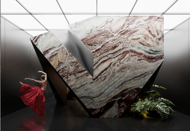 Booth design render for Unveiling the Signs of Life from Stone with dynamic stone geometry