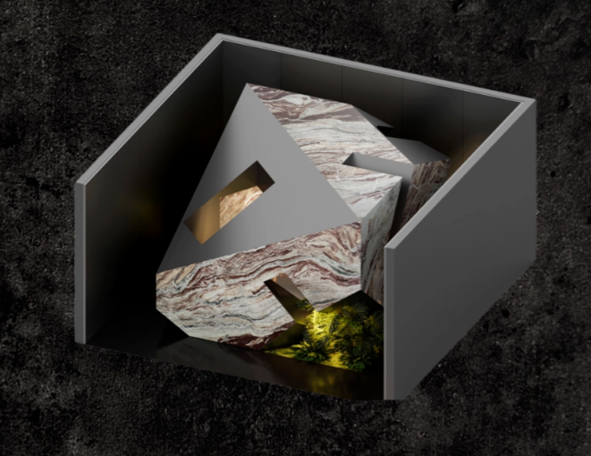 Top-view booth design concept featuring stone as the core spatial form